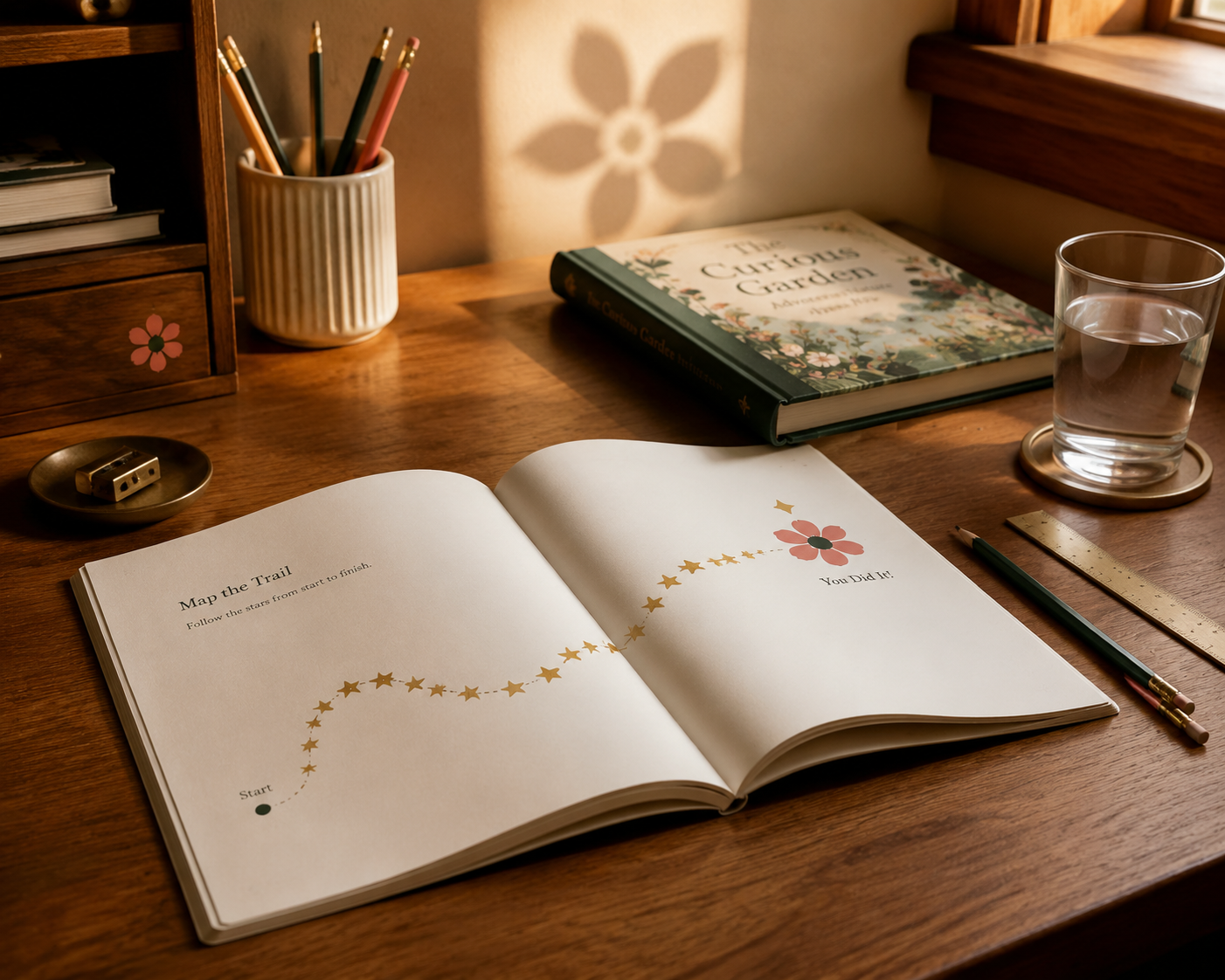 An open book showing a path toward the Blooming Adventurers flower