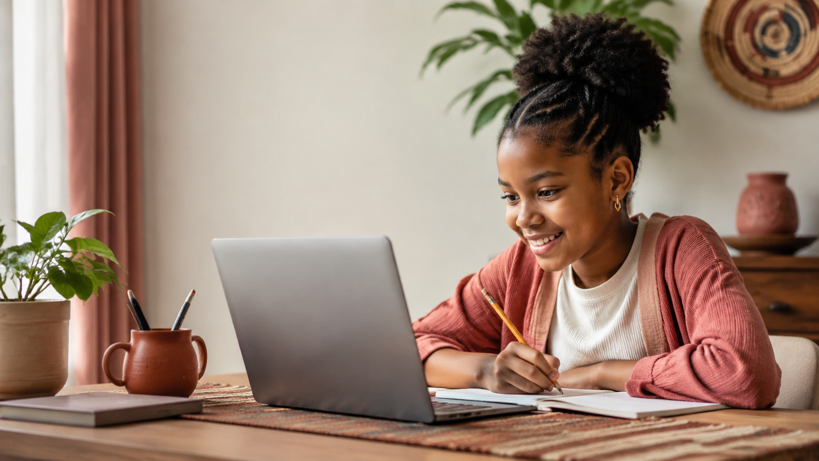 A learner smiling while studying at home with a laptop
