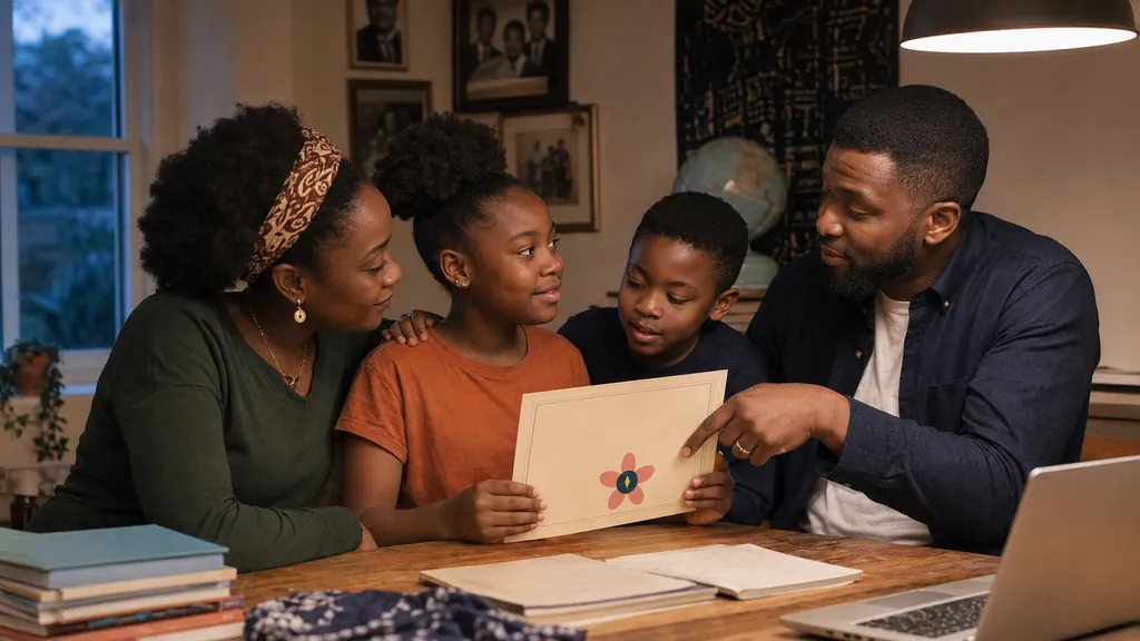 A family gathered around a learner’s work at home