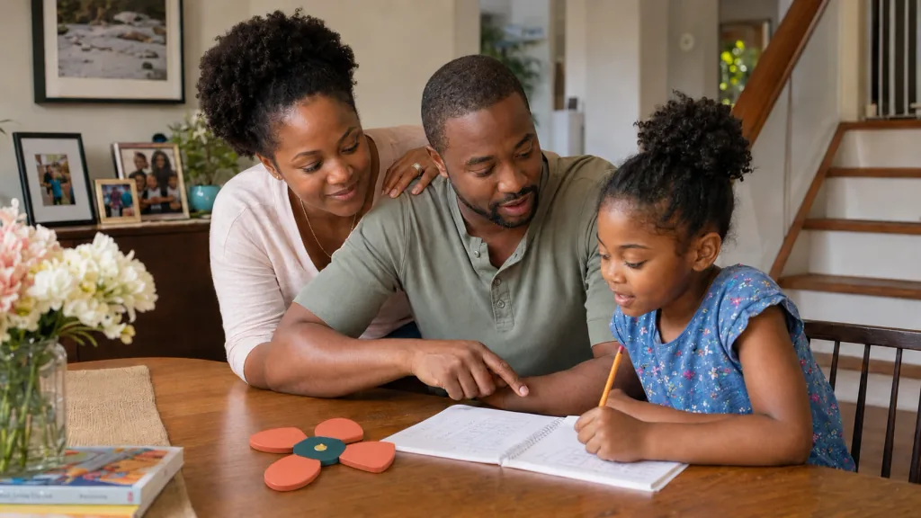 A man and a woman lean in beside a girl as she works through an exercise book at a dining table