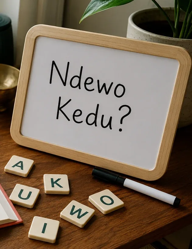 A small whiteboard reading “Ndewo, kedu?”, Igbo for “Hello, how are you?”, beside wooden letter tiles